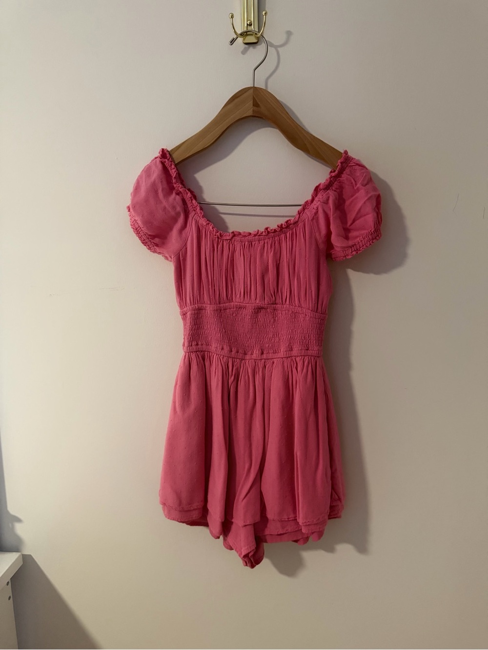 Hollister Hot Pink Puff Sleeve Smocked Romper